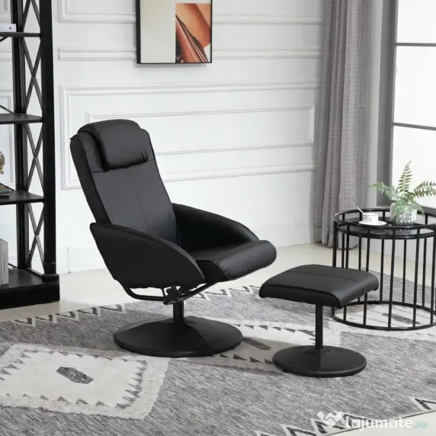 HOMCOM Fotoliu reclinabil de relaxare cu otoman pentru picioare si tapiterie din piele artificiala, 71x78x101cm, negru | Aosom Romania