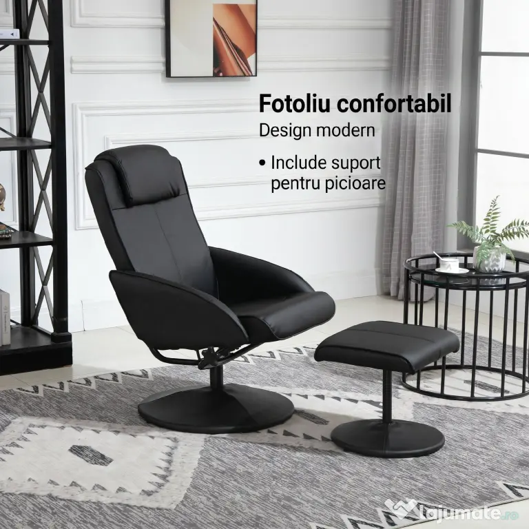HOMCOM Fotoliu reclinabil de relaxare cu otoman pentru picioare si tapiterie din piele artificiala, 71x78x101cm, negru | Aosom Romania