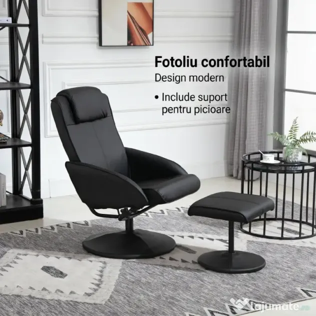 HOMCOM Fotoliu reclinabil de relaxare cu otoman pentru picioare si tapiterie din piele artificiala, 71x78x101cm, negru | Aosom Romania