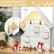 HOMCOM Calendar de Advent din Lemn 24 de Sertare Satul de Craciun cu Brazi si Lumini