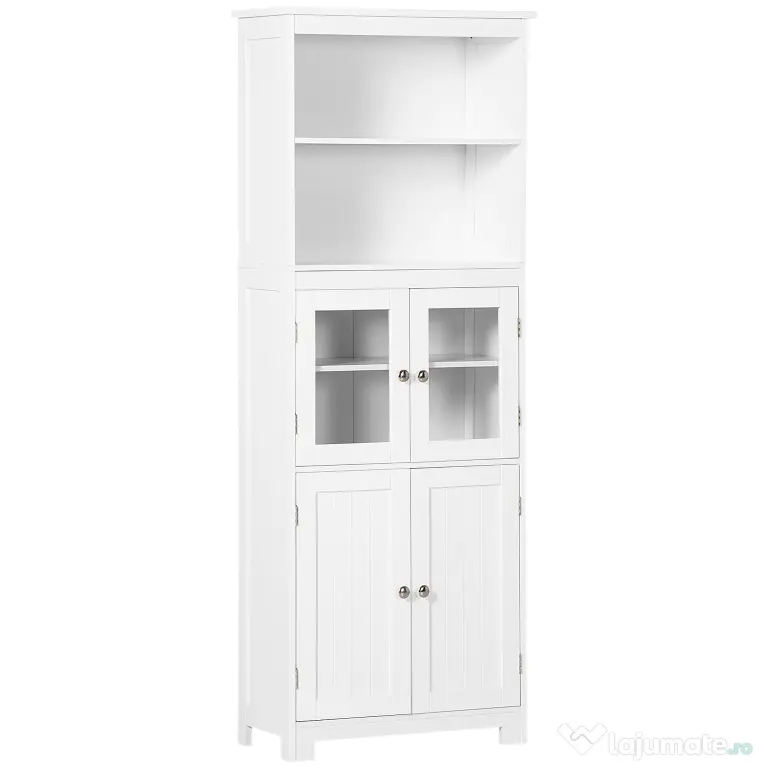 HOMCOM Dulap Camara Bucătărie, 2 Rafturi Deschise, 2 Dulapuri cu Uși, MDF și Sticlă Securizată, 60x30x162 cm, Alb | Aosom Romania