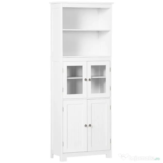 HOMCOM Dulap Camara Bucătărie, 2 Rafturi Deschise, 2 Dulapuri cu Uși, MDF și Sticlă Securizată, 60x30x162 cm, Alb | Aosom Romania