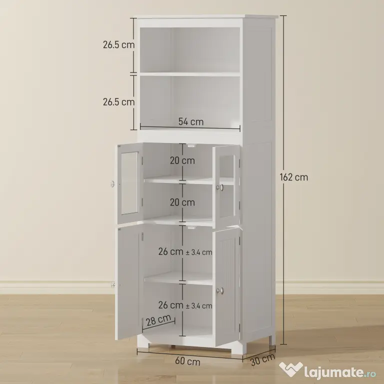 HOMCOM Dulap Camara Bucătărie, 2 Rafturi Deschise, 2 Dulapuri cu Uși, MDF și Sticlă Securizată, 60x30x162 cm, Alb | Aosom Romania