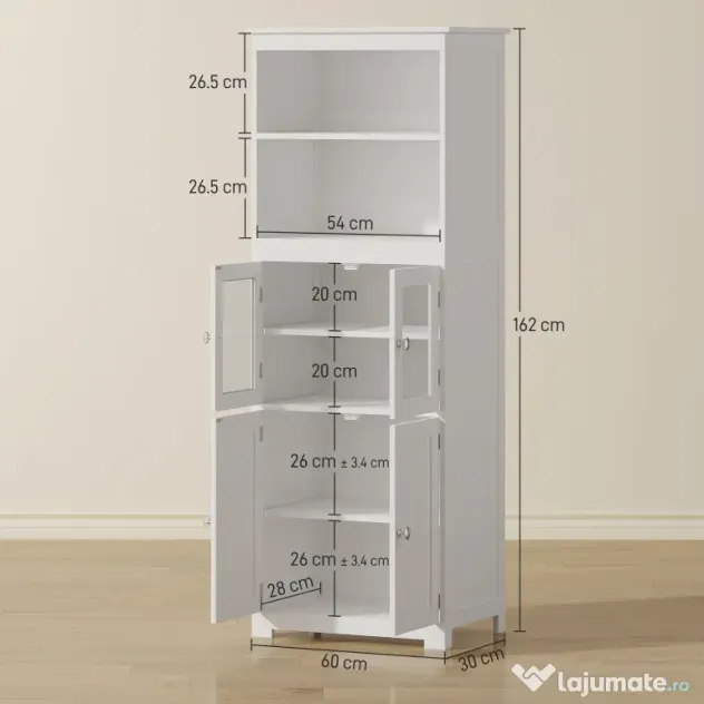 HOMCOM Dulap Camara Bucătărie, 2 Rafturi Deschise, 2 Dulapuri cu Uși, MDF și Sticlă Securizată, 60x30x162 cm, Alb | Aosom Romania