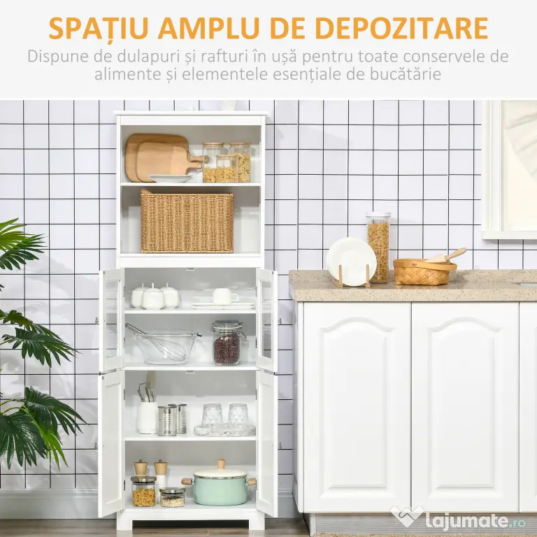 HOMCOM Dulap Camara Bucătărie, 2 Rafturi Deschise, 2 Dulapuri cu Uși, MDF și Sticlă Securizată, 60x30x162 cm, Alb | Aosom Romania
