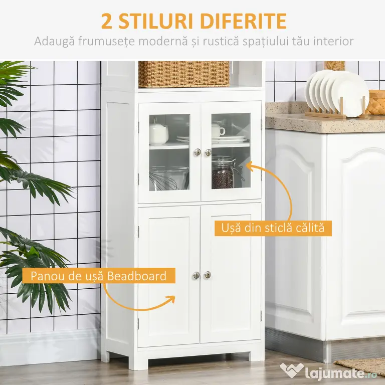 HOMCOM Dulap Camara Bucătărie, 2 Rafturi Deschise, 2 Dulapuri cu Uși, MDF și Sticlă Securizată, 60x30x162 cm, Alb | Aosom Romania