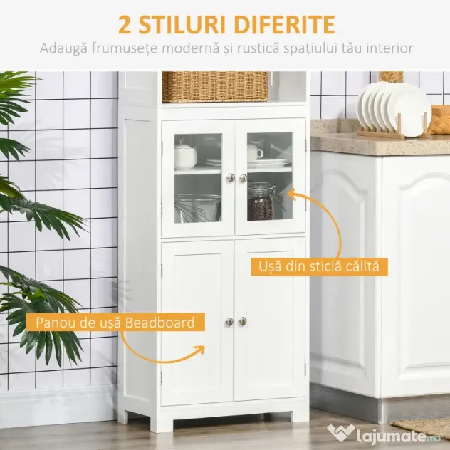 HOMCOM Dulap Camara Bucătărie, 2 Rafturi Deschise, 2 Dulapuri cu Uși, MDF și Sticlă Securizată, 60x30x162 cm, Alb | Aosom Romania
