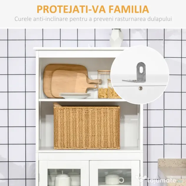 HOMCOM Dulap Camara Bucătărie, 2 Rafturi Deschise, 2 Dulapuri cu Uși, MDF și Sticlă Securizată, 60x30x162 cm, Alb | Aosom Romania