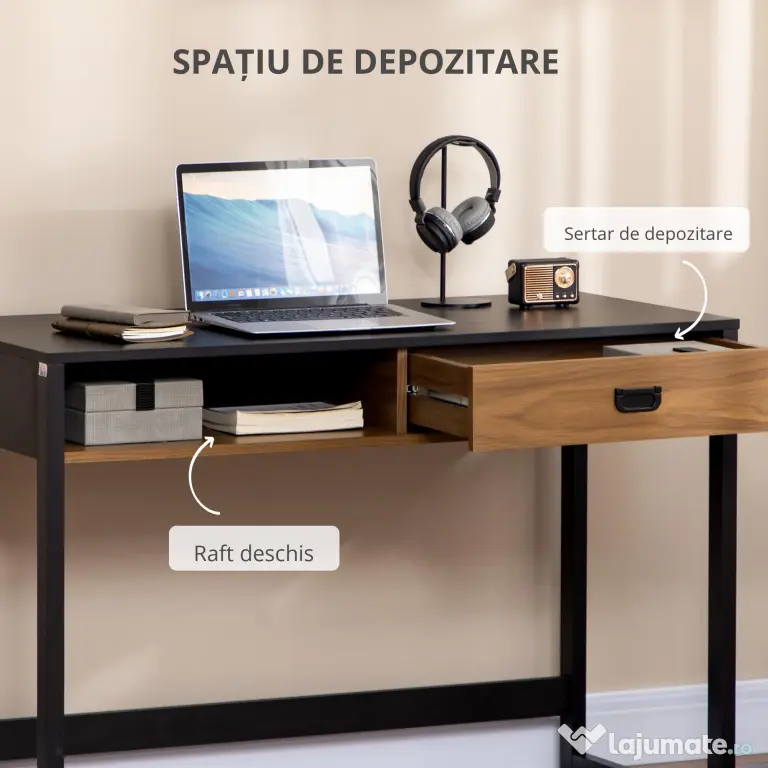 HOMCOM Birou pentru calculator, Birou de scris cu sertar de depozitare si raft pentru studiu, camera de zi, nuc si negru | Aosom Romania