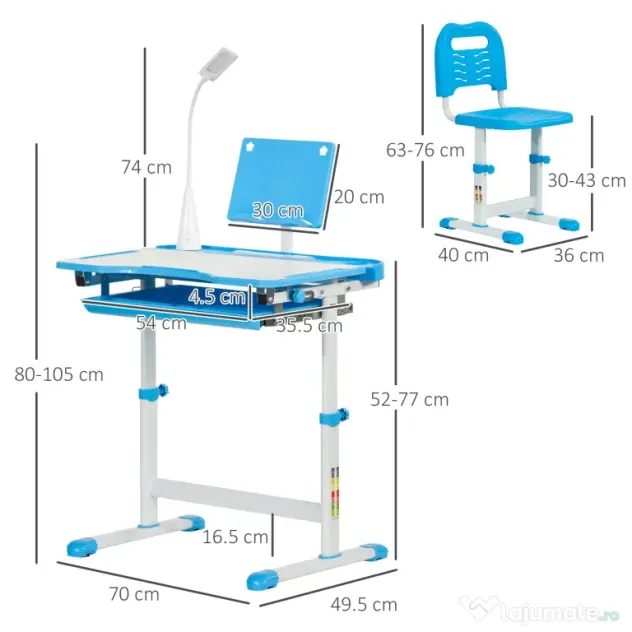 HOMCOM Birou Copii de 6-12 ani cu Lampa, masa cu scaune copii, cu design Ergonomic, Inălțimea Reglabilă, 70x49.5x80-105 cm | Aosom Romania