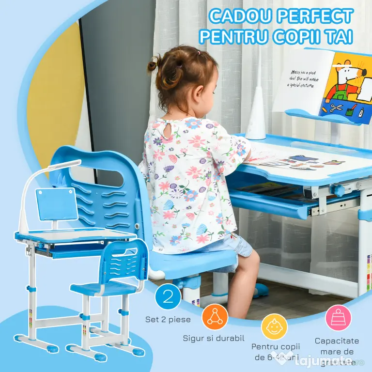 HOMCOM Birou Copii de 6-12 ani cu Lampa, masa cu scaune copii, cu design Ergonomic, Inălțimea Reglabilă, 70x49.5x80-105 cm | Aosom Romania
