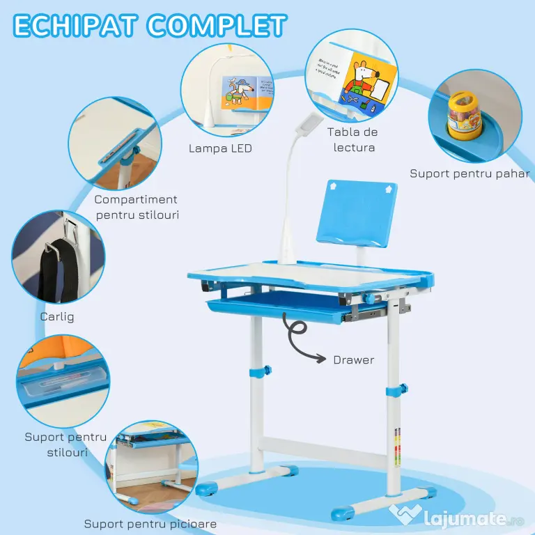 HOMCOM Birou Copii de 6-12 ani cu Lampa, masa cu scaune copii, cu design Ergonomic, Inălțimea Reglabilă, 70x49.5x80-105 cm | Aosom Romania