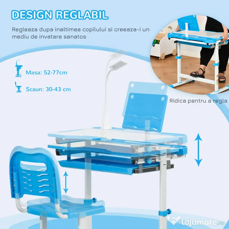 HOMCOM Birou Copii de 6-12 ani cu Lampa, masa cu scaune copii, cu design Ergonomic, Inălțimea Reglabilă, 70x49.5x80-105 cm | Aosom Romania