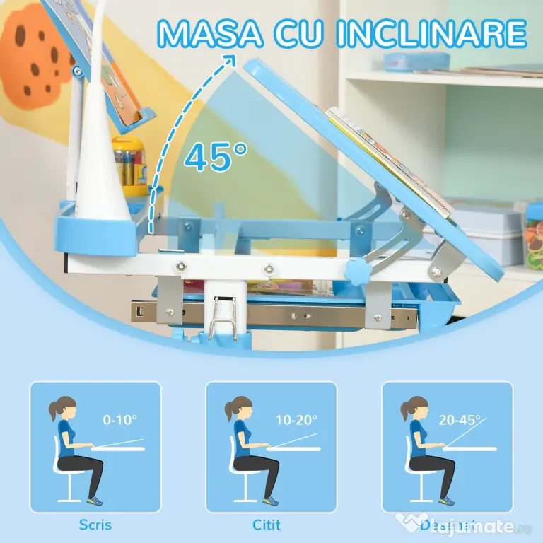 HOMCOM Birou Copii de 6-12 ani cu Lampa, masa cu scaune copii, cu design Ergonomic, Inălțimea Reglabilă, 70x49.5x80-105 cm | Aosom Romania