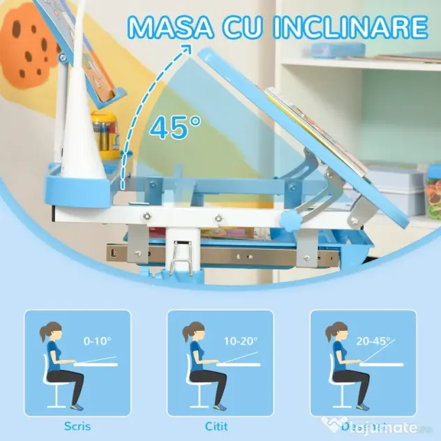 HOMCOM Birou Copii de 6-12 ani cu Lampa, masa cu scaune copii, cu design Ergonomic, Inălțimea Reglabilă, 70x49.5x80-105 cm | Aosom Romania