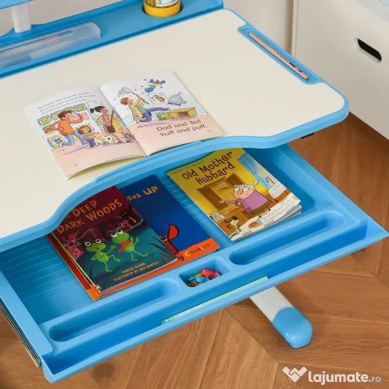 HOMCOM Birou Copii de 6-12 ani cu Lampa, masa cu scaune copii, cu design Ergonomic, Inălțimea Reglabilă, 70x49.5x80-105 cm | Aosom Romania