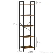 Bibliotecă Stil Industrial HOMCOM cu 5 Rafturi, Mobilier din Lemn și Oțel, Ideal pentru Casă, Birou și Studio, Design Rustic, Maro | Aosom Romania 