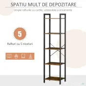 Bibliotecă Stil Industrial HOMCOM cu 5 Rafturi, Mobilier din Lemn și Oțel, Ideal pentru Casă, Birou și Studio, Design Rustic, Maro | Aosom Romania 