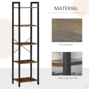 Bibliotecă Stil Industrial HOMCOM cu 5 Rafturi, Mobilier din Lemn și Oțel, Ideal pentru Casă, Birou și Studio, Design Rustic, Maro | Aosom Romania 