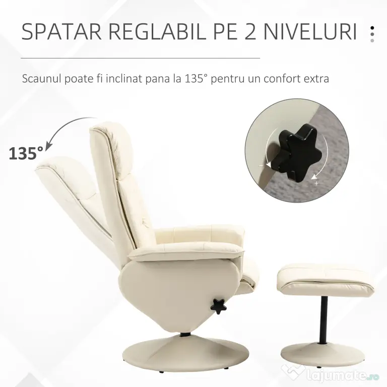 Fotoliu Living si taburet otoman cu baza infasurata, Scaun rabatabil rotitor din piele PU cu suport de picioare, Crem Alb | Aosom Romania