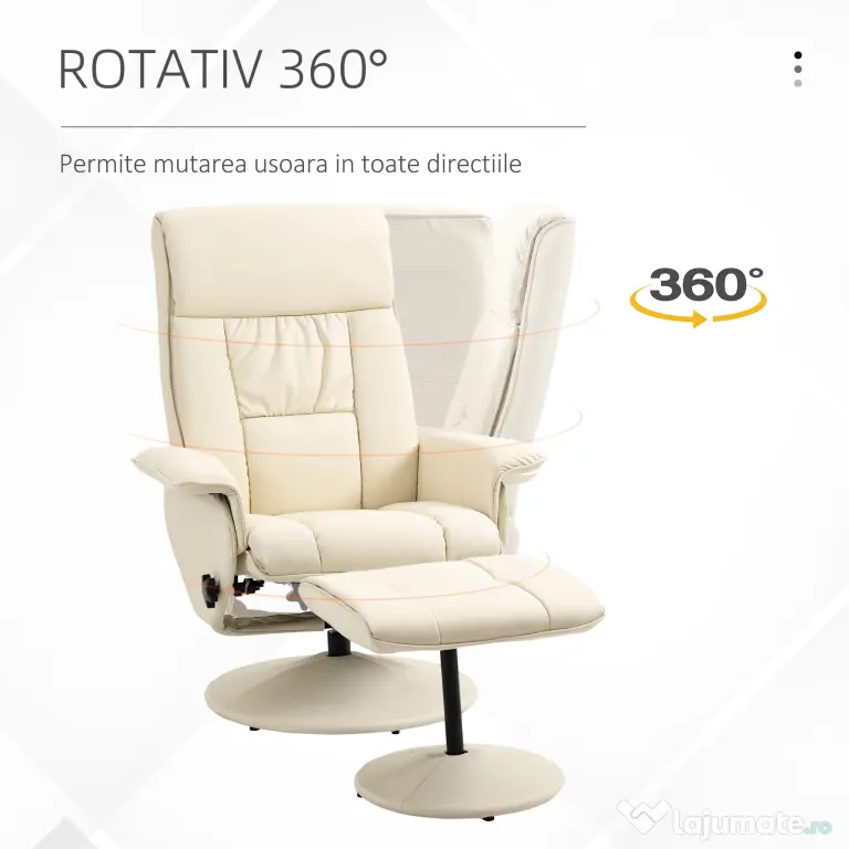 Fotoliu Living si taburet otoman cu baza infasurata, Scaun rabatabil rotitor din piele PU cu suport de picioare, Crem Alb | Aosom Romania