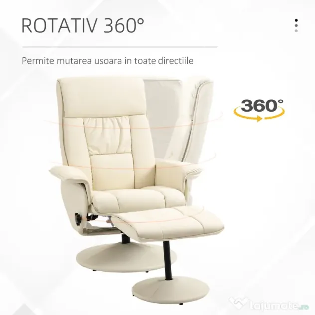 Fotoliu Living si taburet otoman cu baza infasurata, Scaun rabatabil rotitor din piele PU cu suport de picioare, Crem Alb | Aosom Romania