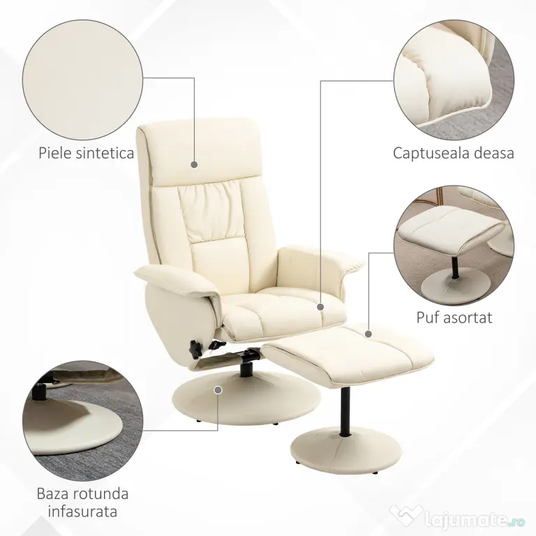 Fotoliu Living si taburet otoman cu baza infasurata, Scaun rabatabil rotitor din piele PU cu suport de picioare, Crem Alb | Aosom Romania