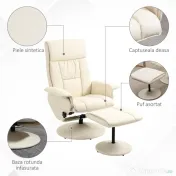 Fotoliu Living si taburet otoman cu baza infasurata, Scaun rabatabil rotitor din piele PU cu suport de picioare, Crem Alb | Aosom Romania 