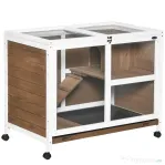 PawHut Cușcă pentru iepuri pe 2 niveluri cu căsuță, rampă și tavă detașabilă, din lemn de brad, 91,5x53,3x73 cm, maro