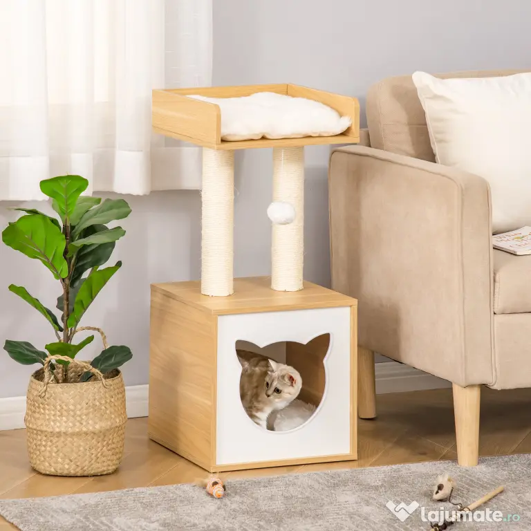 PawHut Căsuță Elegantă pentru Pisici, Design Modern Stejar și Alb, 35x35x81cm | Aosom Romania