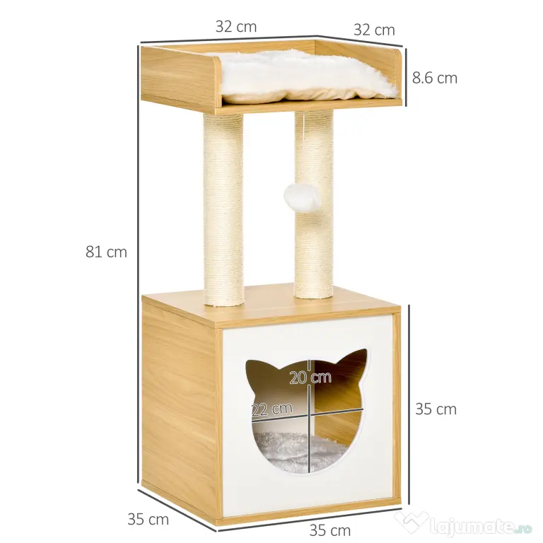 PawHut Căsuță Elegantă pentru Pisici, Design Modern Stejar și Alb, 35x35x81cm | Aosom Romania