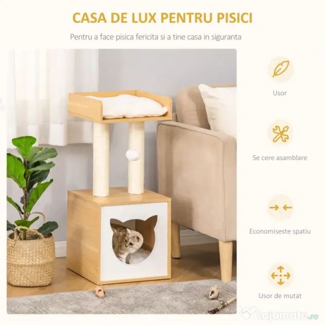 PawHut Căsuță Elegantă pentru Pisici, Design Modern Stejar și Alb, 35x35x81cm | Aosom Romania