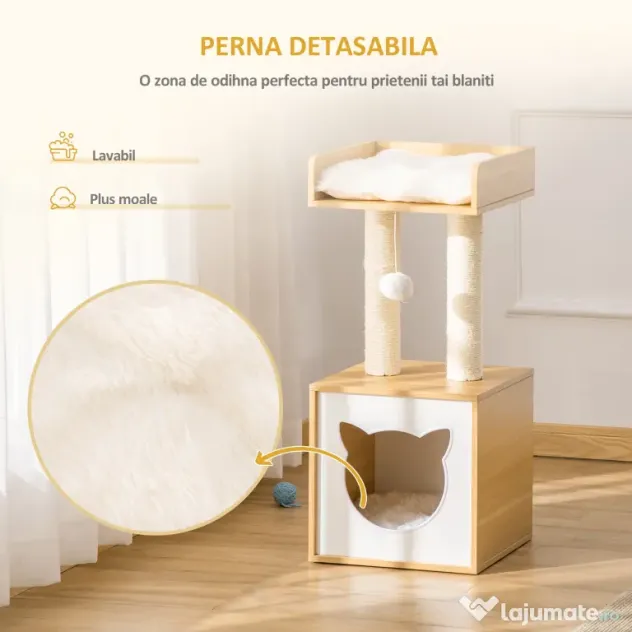 PawHut Căsuță Elegantă pentru Pisici, Design Modern Stejar și Alb, 35x35x81cm | Aosom Romania