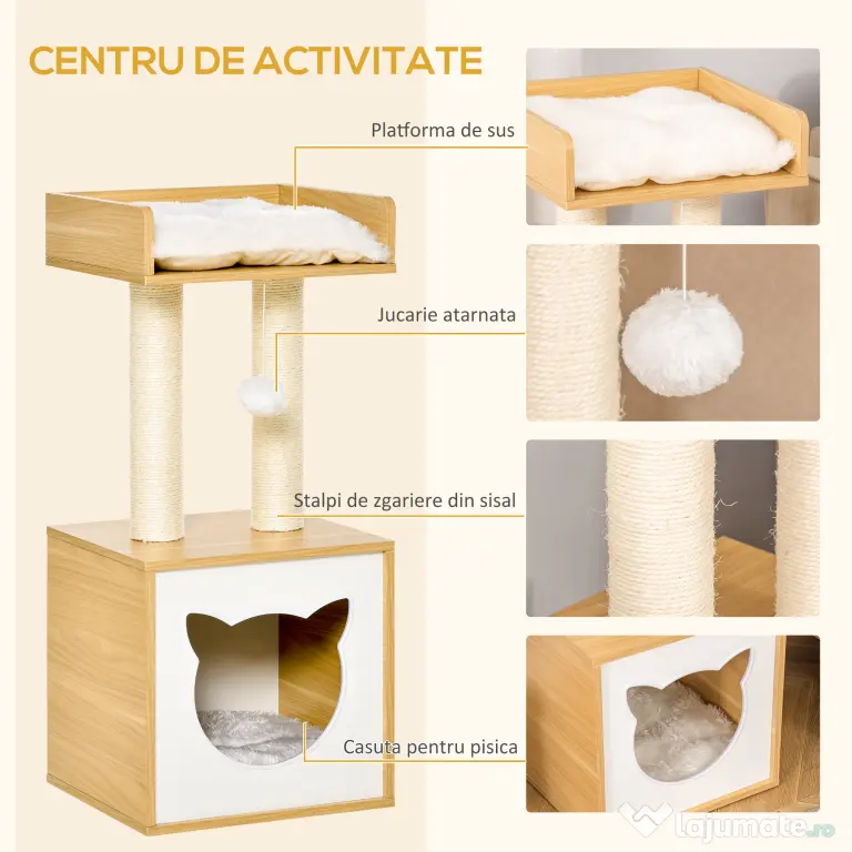 PawHut Căsuță Elegantă pentru Pisici, Design Modern Stejar și Alb, 35x35x81cm | Aosom Romania