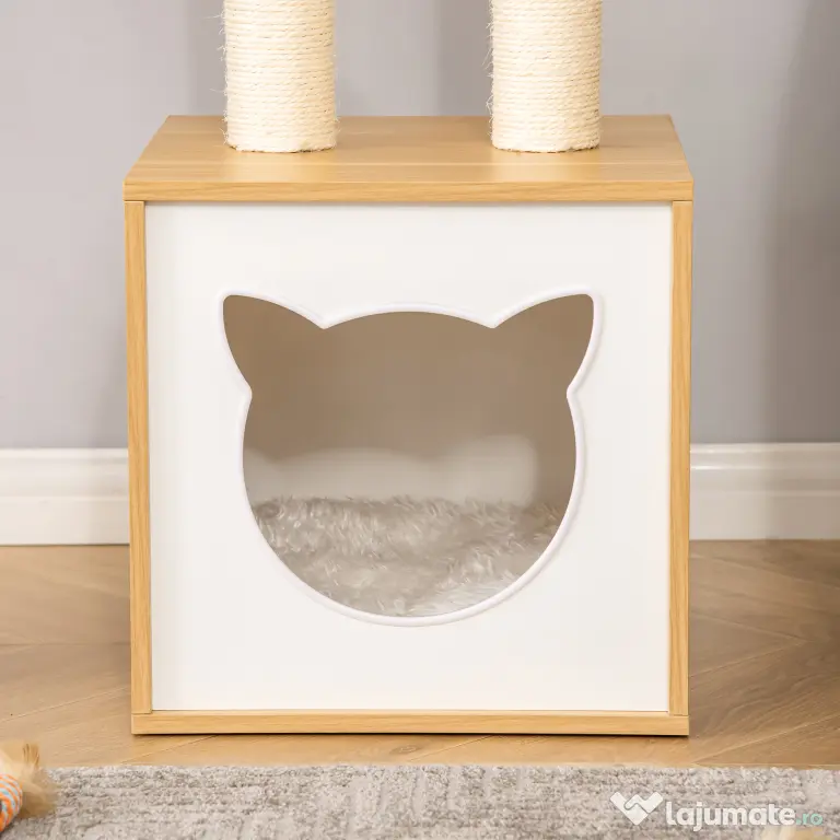 PawHut Căsuță Elegantă pentru Pisici, Design Modern Stejar și Alb, 35x35x81cm | Aosom Romania