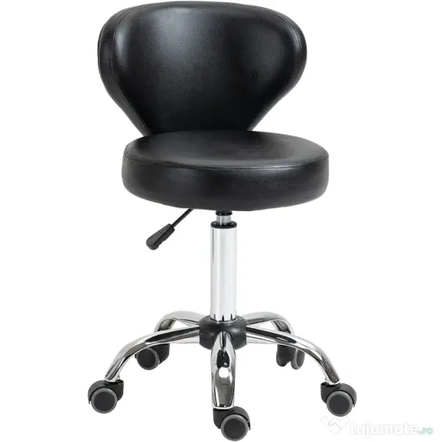 HOMCOM Taburet Rotativ 360° Reglabil, Taburet Cosmetic cu Spătar, din Oțel și Piele Ecologică, Negru | Aosom Romania