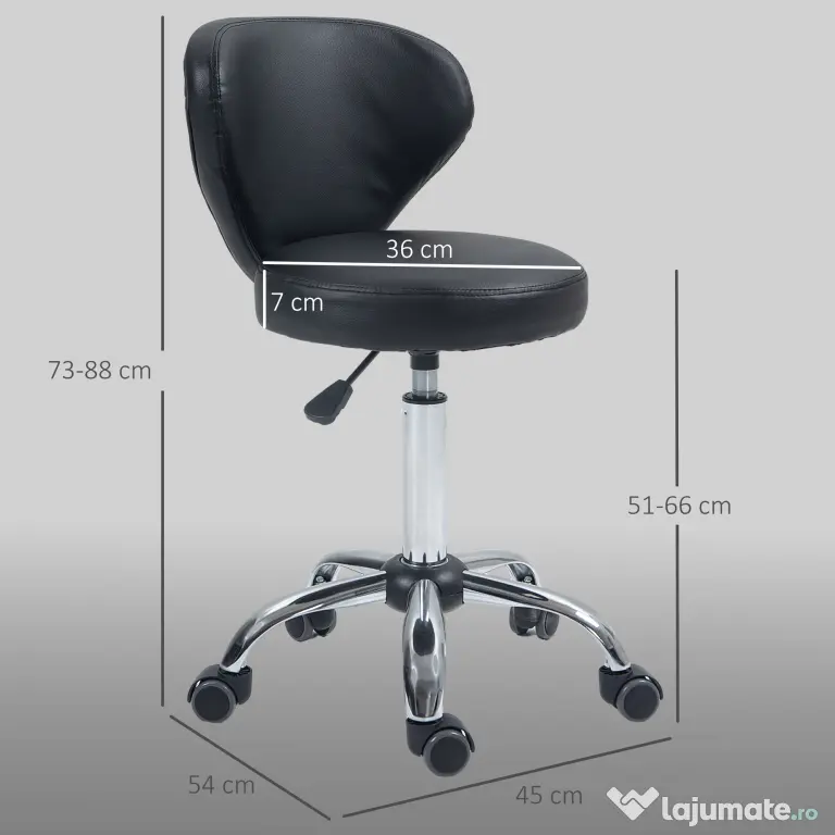 HOMCOM Taburet Rotativ 360° Reglabil, Taburet Cosmetic cu Spătar, din Oțel și Piele Ecologică, Negru | Aosom Romania
