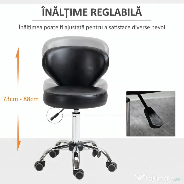 HOMCOM Taburet Rotativ 360° Reglabil, Taburet Cosmetic cu Spătar, din Oțel și Piele Ecologică, Negru | Aosom Romania