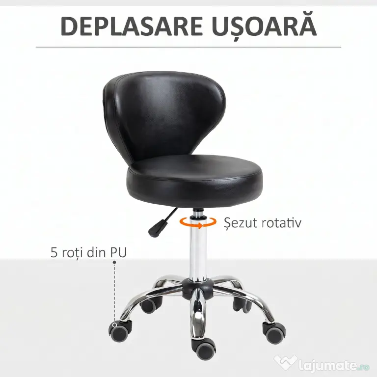 HOMCOM Taburet Rotativ 360° Reglabil, Taburet Cosmetic cu Spătar, din Oțel și Piele Ecologică, Negru | Aosom Romania