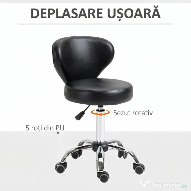 HOMCOM Taburet Rotativ 360° Reglabil, Taburet Cosmetic cu Spătar, din Oțel și Piele Ecologică, Negru | Aosom Romania
