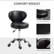 HOMCOM Taburet Rotativ 360° Reglabil, Taburet Cosmetic cu Spătar, din Oțel și Piele Ecologică, Negru