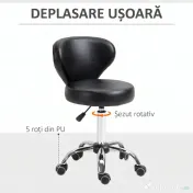 HOMCOM Taburet Rotativ 360° Reglabil, Taburet Cosmetic cu Spătar, din Oțel și Piele Ecologică, Negru