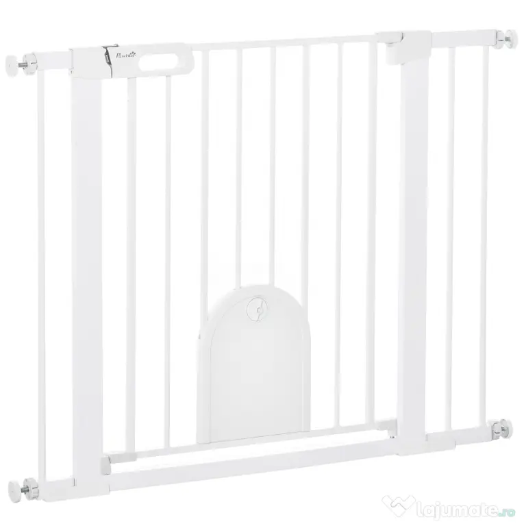PawHut Barieră Reglabilă pentru Câini cu Ușă Mică, Montare prin Presiune și Închidere Automată, Dimensiune 75-103x76 cm, Alb | Aosom România