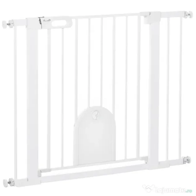 PawHut Barieră Reglabilă pentru Câini cu Ușă Mică, Montare prin Presiune și Închidere Automată, Dimensiune 75-103x76 cm, Alb | Aosom România