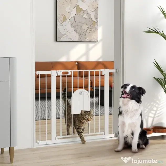 PawHut Barieră Reglabilă pentru Câini cu Ușă Mică, Montare prin Presiune și Închidere Automată, Dimensiune 75-103x76 cm, Alb | Aosom România