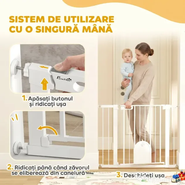 PawHut Barieră Reglabilă pentru Câini cu Ușă Mică, Montare prin Presiune și Închidere Automată, Dimensiune 75-103x76 cm, Alb | Aosom România