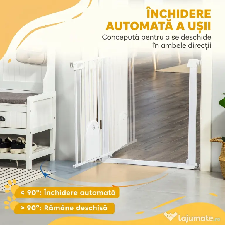 PawHut Barieră Reglabilă pentru Câini cu Ușă Mică, Montare prin Presiune și Închidere Automată, Dimensiune 75-103x76 cm, Alb | Aosom România