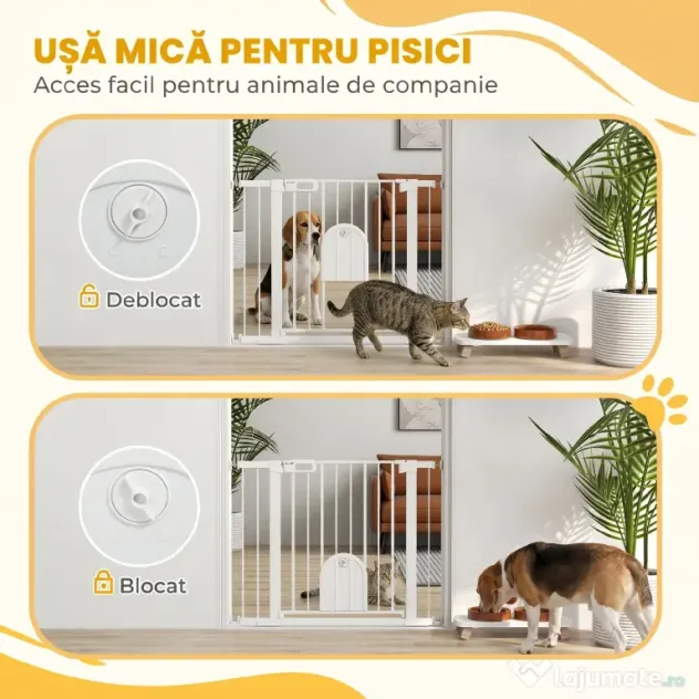 PawHut Barieră Reglabilă pentru Câini cu Ușă Mică, Montare prin Presiune și Închidere Automată, Dimensiune 75-103x76 cm, Alb | Aosom România