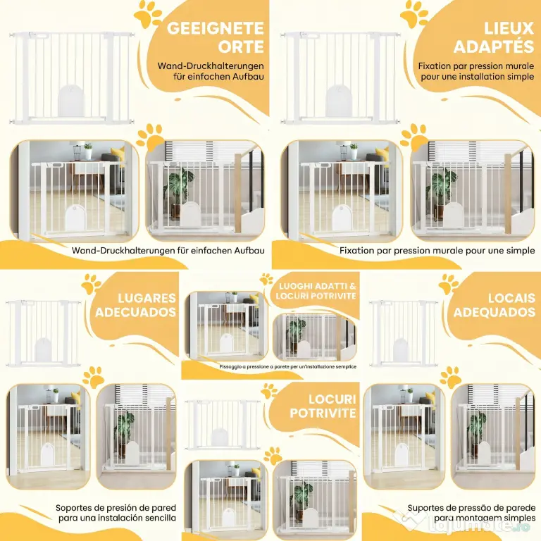 PawHut Barieră Reglabilă pentru Câini cu Ușă Mică, Montare prin Presiune și Închidere Automată, Dimensiune 75-103x76 cm, Alb | Aosom România