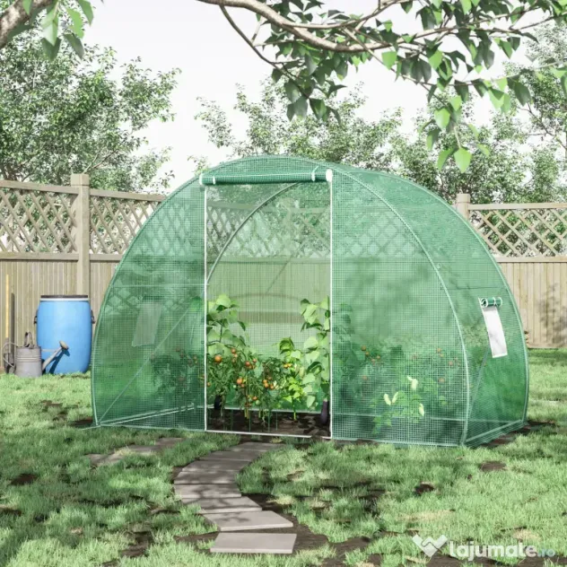Outsunny Seră Tunel pentru Cultivarea Legumelor și Fructelor, cu Ușă și Ferestre, Copertină PE, Structură Oțel, 150x300x200 cm, Verde | Aosom Romania
